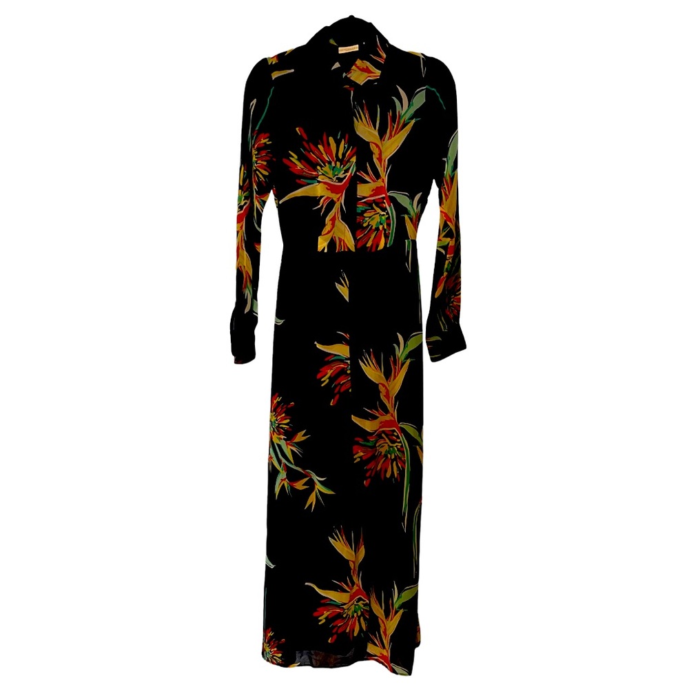 EVA MENDES, SHEER MULTICOLOR TROPICAL PRINT SIDE SPLIT MAXI DRESS